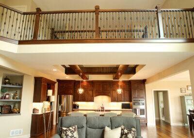 Two story great room with catwalk and open loft space.